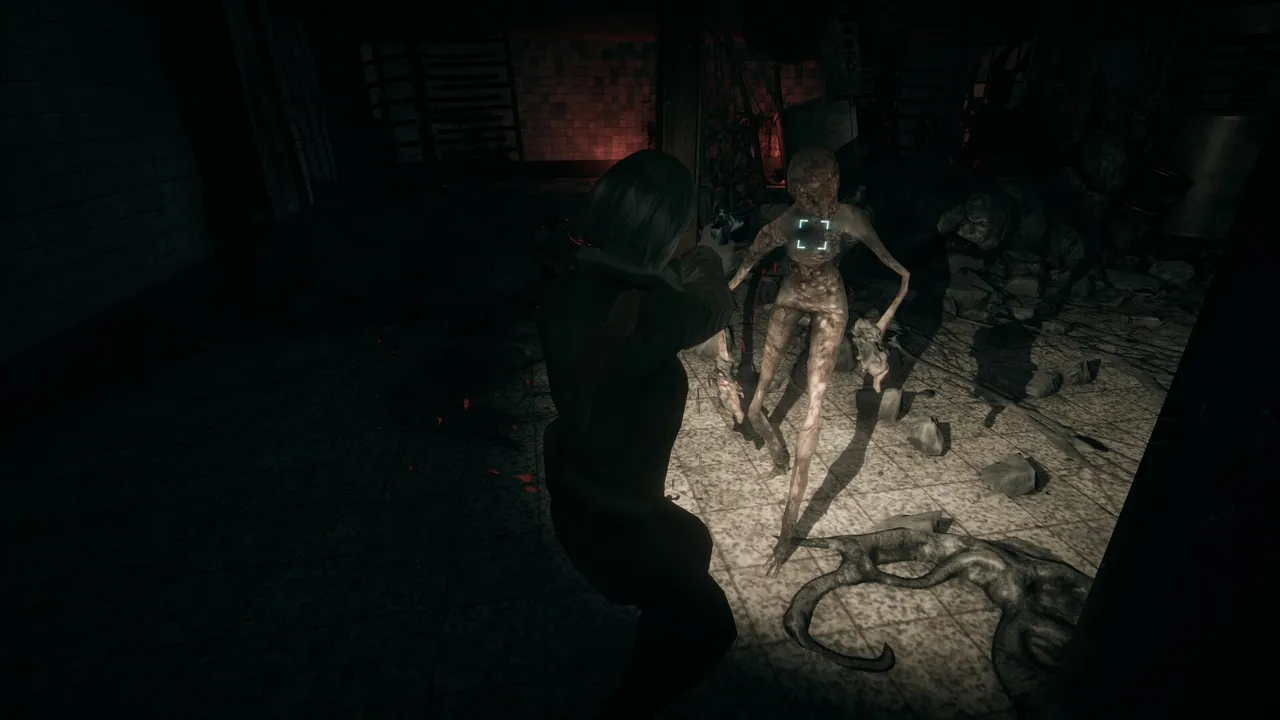 Hollowbody screenshot: Mica aims a pistol at a pale, skinless creature in a ruined, dark room