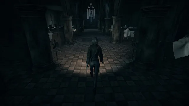 Hollowbody screenshot: Mica walks down the aisle of a dark, abandoned church