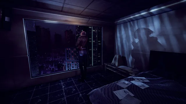 Hollowbody screenshot: Mica at the window of a dim apartment above a neon city at night