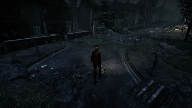 Hollowbody screenshot: Mica walks a rain-soaked, overgrown street of the abandoned city at night