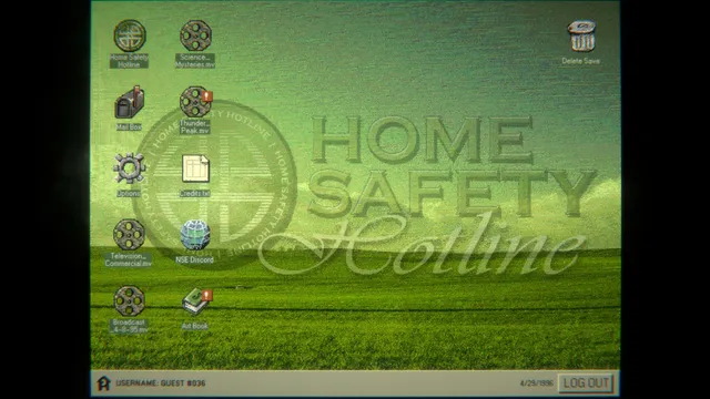 Home Safety Hotline screenshot: a green 1990s computer desktop with the hotline logo and icons for videos, mail and an art book