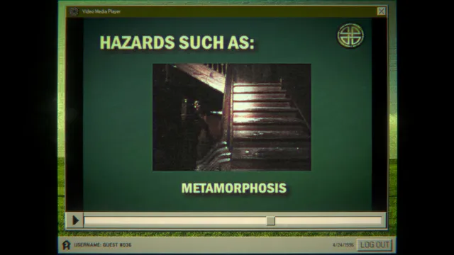 Home Safety Hotline screenshot: an old video player showing a grainy training film of a dark staircase with the words Hazards such as: Metamorphosis