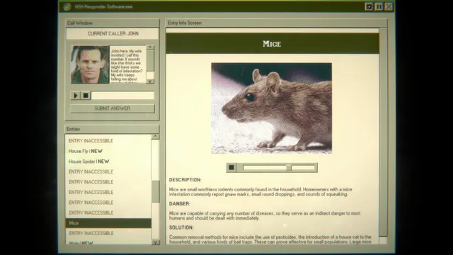 Home Safety Hotline screenshot: the responder software on a 1990s computer, a caller named John on the left and the database entry for Mice with a photo of a mouse on the right