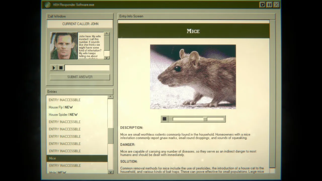 Home Safety Hotline screenshot: the responder software on a 1990s computer, a caller named John on the left and the database entry for Mice with a photo of a mouse on the right