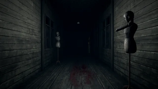 A dark wooden corridor lined with carved wooden figures on stands, blood on the floorboards