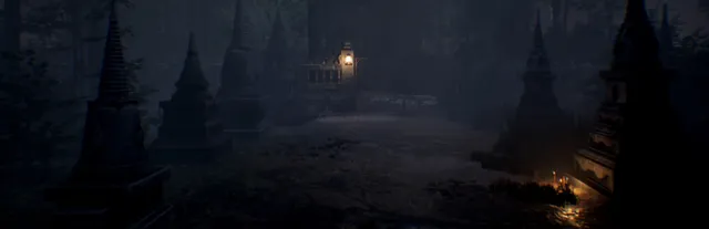 A path between dark Thai stupas in a misty forest, leading to a gate lit by one lantern