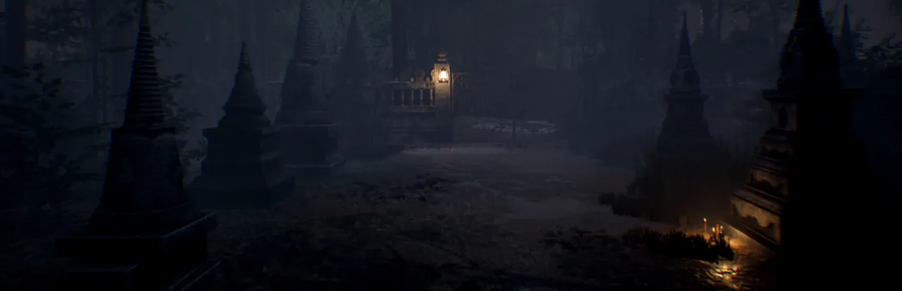 A path between dark Thai stupas in a misty forest, leading to a gate lit by one lantern
