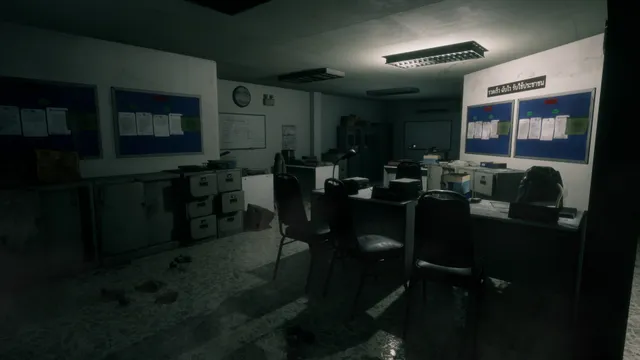 Home Sweet Home screenshot: an abandoned Thai police station office with desks, chairs, filing cabinets and notice boards with Thai signs