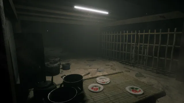 Home Sweet Home screenshot: a dusty room under a single fluorescent tube, with cooking pots and painted plates on a bamboo mat by a bamboo fence