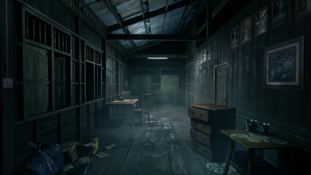 Home Sweet Home screenshot: the dim interior of an old wooden Thai house, with shuttered windows, framed pictures, a chest of drawers and litter on the plank floor