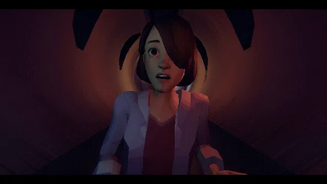 Homebody screenshot: a close-up of a startled, low-poly Emily against a swirling dark red tunnel