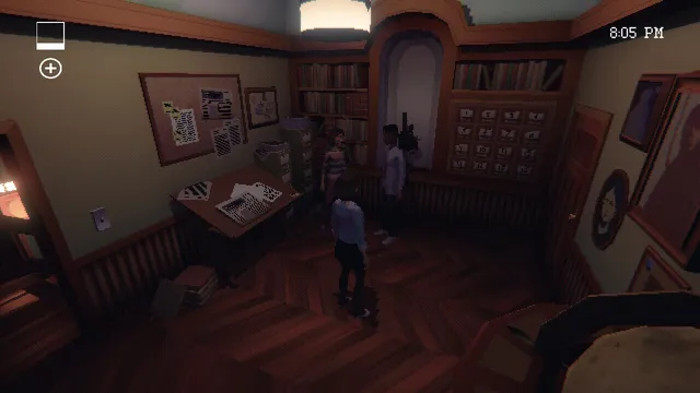 Homebody screenshot: Emily and two friends in a wood-panelled study with notes pinned to a board, the clock reading 8:05 PM