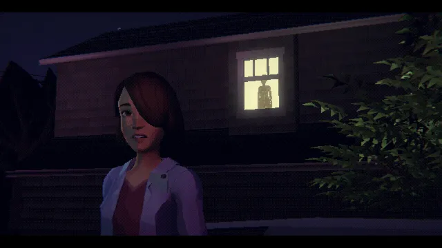 Homebody screenshot: Emily stands outside the rental house at night while a dark figure watches from a lit upstairs window