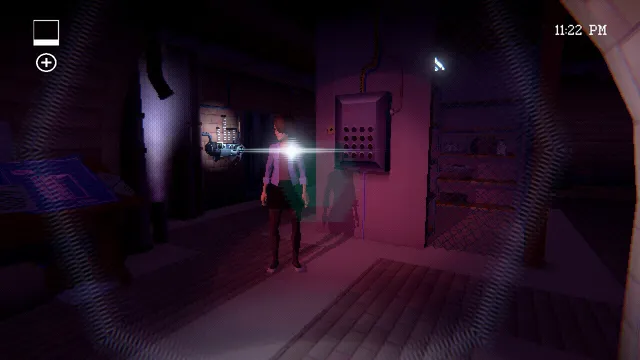 Homebody screenshot: Emily shines a light by a fuse box in a dark, red-lit basement at 11:22 PM, the view warped at the edges