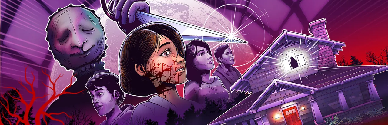 Homebody key art: a masked killer raises a knife over a frightened, blood-spattered Emily and her friends in front of a purple-lit house under a full moon