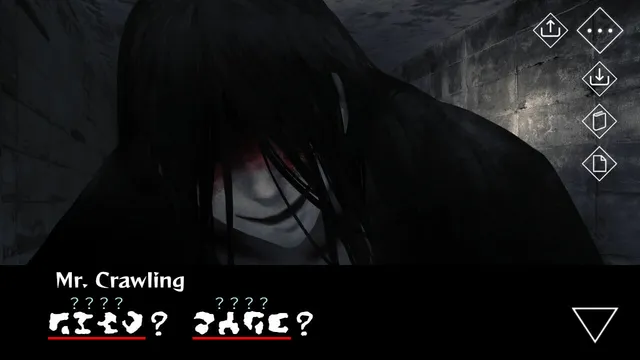 Homicipher screenshot: Mr. Crawling, a long-haired figure with a fixed smile, speaks in an unknown alphabet with question marks above each word