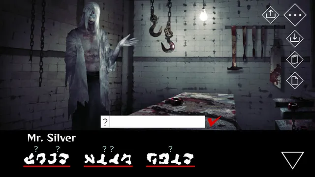 Homicipher screenshot: a tall white-haired creature called Mr. Silver stands in a blood-stained room of hooks and knives, speaking in strange symbols