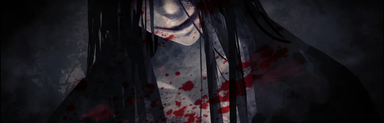 Homicipher key art: a pale, long-haired figure with a wide, bloody grin looms out of the dark