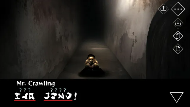 Homicipher screenshot: a small figure huddles at the end of a long dark corridor as Mr. Crawling speaks