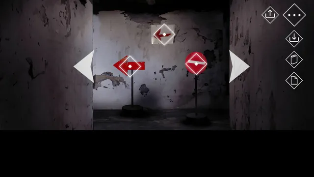 Homicipher screenshot: red and white symbol signs on stands in a grimy concrete room, a puzzle to read