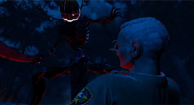 A tall pumpkin-headed creature with a red scythe looms over a survivor at night