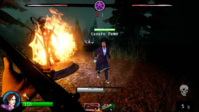 First-person view of a cast member holding a weapon near a burning effigy on a forest path at night