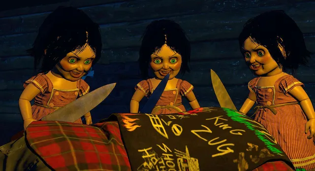 Three grinning dolls holding knives lean over a quilt