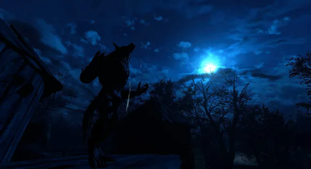 The silhouette of a werewolf under the full moon beside a wooden shack