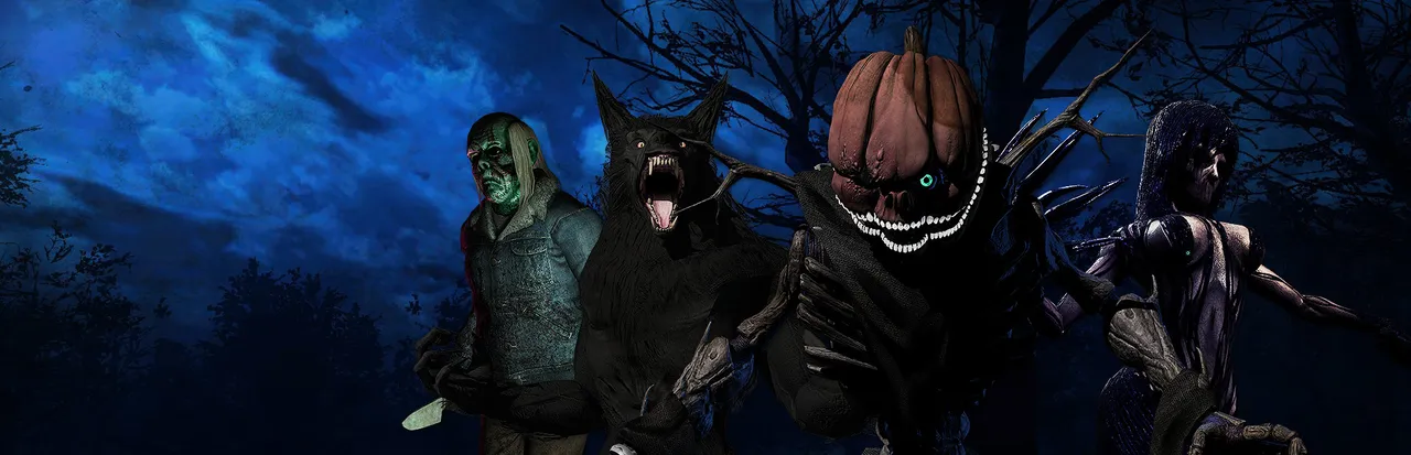Four Horror Legends killers at night in a dark forest: a zombie, a werewolf, a pumpkin-headed creature and a dark figure