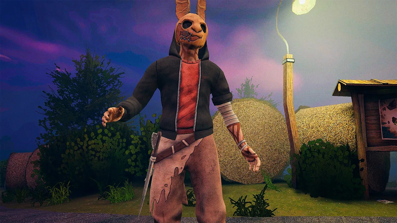 Horror Tale 1 screenshot: the kidnapper in a ragged rabbit mask and black hoodie, a knife on his belt, beside hay bales at dusk