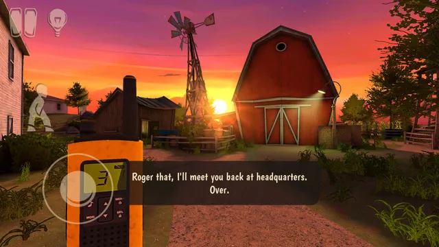 Horror Tale 1 screenshot: an orange walkie-talkie in hand in front of a red barn and windmill at sunset