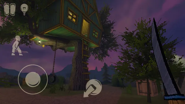 Horror Tale 1 screenshot: the tree house in the woods at night, a rope ladder and a tyre swing hanging below it