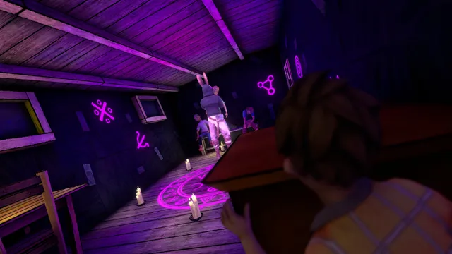 Horror Tale 1 screenshot: crouched behind a box in a purple-lit shed with glowing symbols, the masked kidnapper standing by captured children