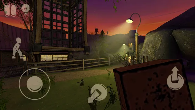 Horror Tale 1 screenshot: hiding behind a crate at sunset as the kidnapper walks under a street lamp near a barn