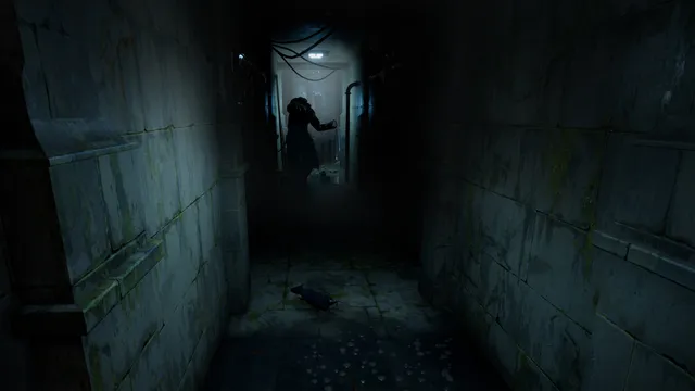 A dark stone corridor with the stalker's silhouette in the light at the far end