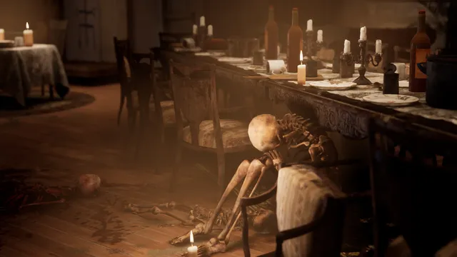 A candlelit dining room in the plague city, a skeleton slumped against a chair beside a table still laid with wine bottles