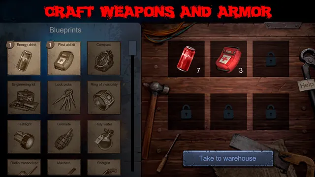 Horrorfield crafting screen: blueprints for items such as a first aid kit, flashlight, grenade and holy water