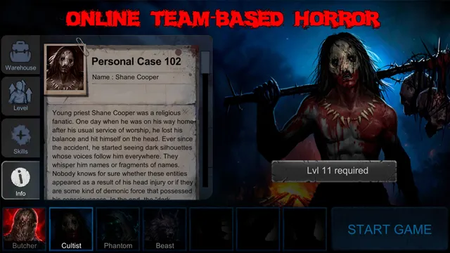 Horrorfield killer select screen: the Cultist, a bloody masked priest with a spiked club, and his case file