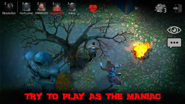Horrorfield gameplay: the killer chasing a survivor past a dead tree and a fire at night, seen from above