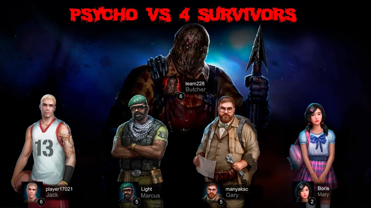 Horrorfield art: a masked butcher with a spear looms over four survivors, a basketball player, a soldier, an engineer and a schoolgirl