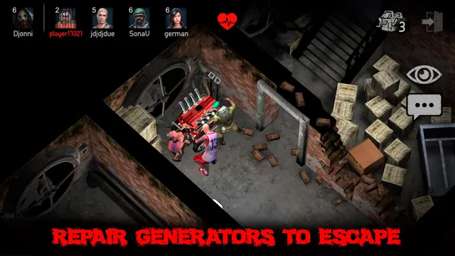 Horrorfield gameplay: survivors gathered around a generator in a ruined brick building, seen from above