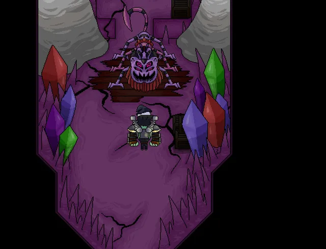 HorrorVale exploration: an armoured party member faces a giant spider-like boss in a purple crystal cave