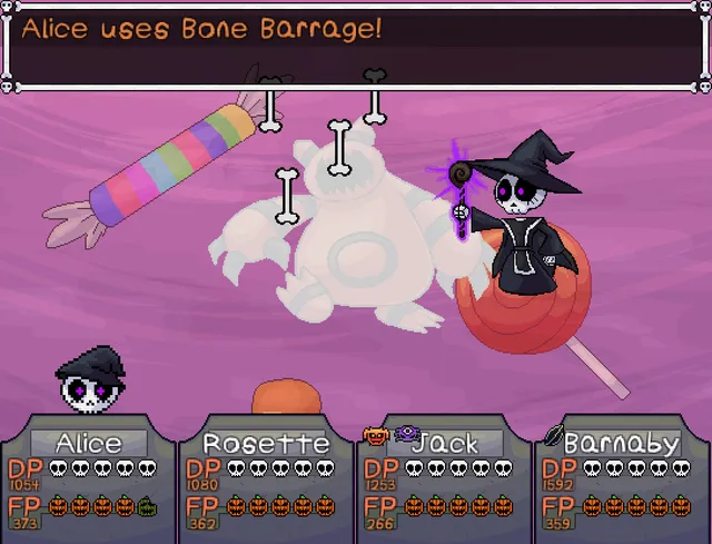 HorrorVale battle: Alice casts Bone Barrage at a pale ghost bear among giant candies, the party's health shown as skulls and pumpkins