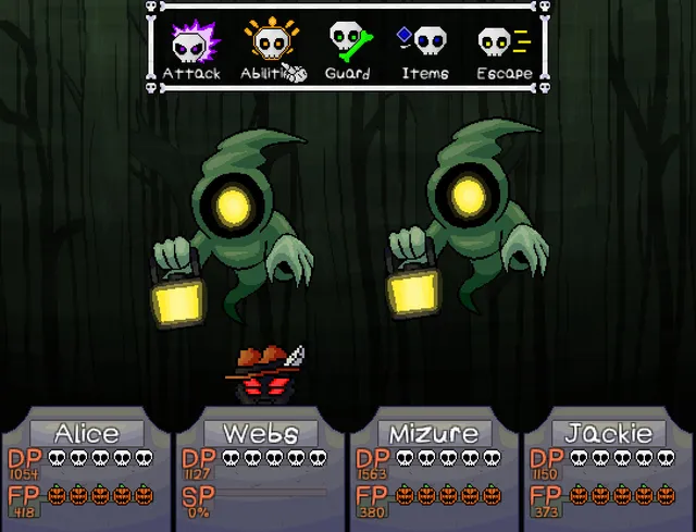 HorrorVale battle in a dark forest against two green hooded ghosts carrying lanterns