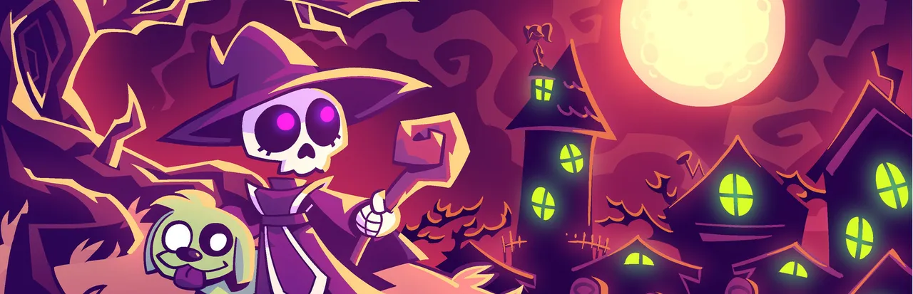 HorrorVale key art: Alice in a witch hat and skeleton face with her green zombie dog, a haunted town and full moon behind them