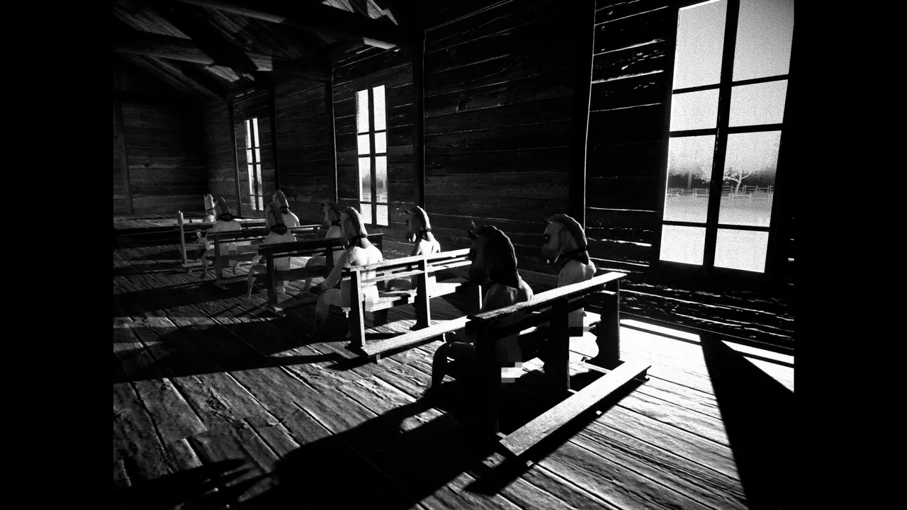 HORSES screenshot in black and white: rows of people in horse masks sit on wooden benches in a sunlit barn hall, their nudity pixelated