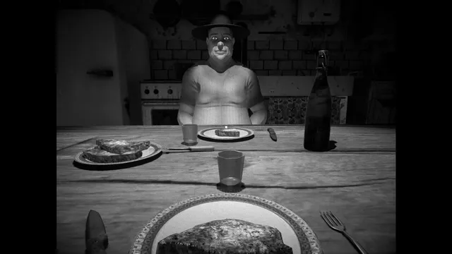 HORSES screenshot: the farmer in a wide-brimmed hat sits across a kitchen table with steaks on plates and a bottle of wine
