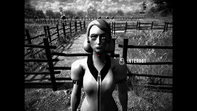 HORSES screenshot: a young woman in a dress stands by a wooden fence on the farm, with an Interact prompt beside her