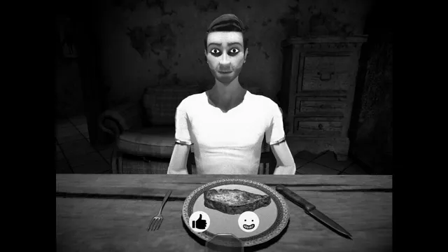 HORSES screenshot: a wide-eyed young man in a white T-shirt sits at a table with a steak in front of him