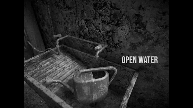 HORSES screenshot: a watering can sits in a stone trough under a tap, with the prompt Open water